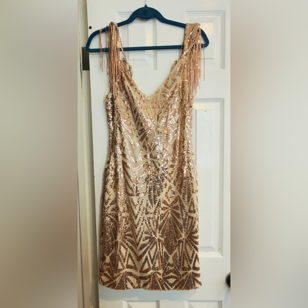 SHEIN Sequin Fringe Dress in Gold and Tan